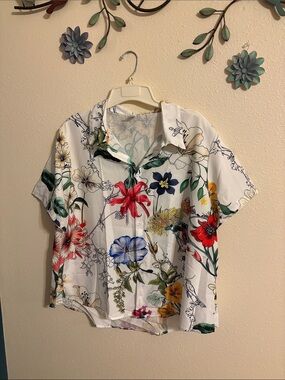5X Floral Button-Down Short Sleeve Top - White Multi